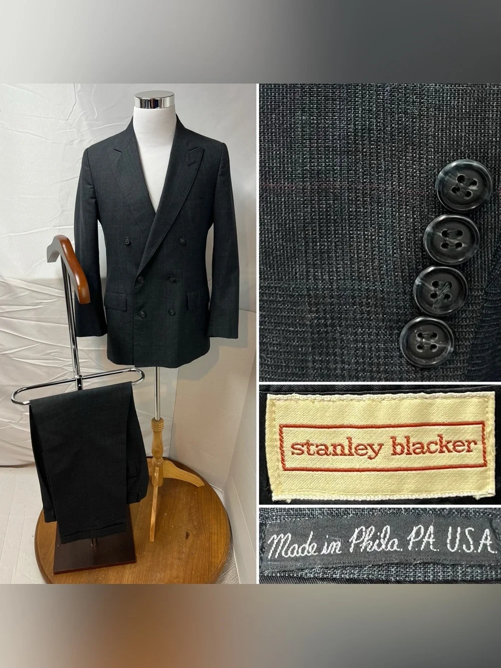 Stanley Blacker Vintage Men 38R Blazer 32x30 Charcoal Plaid Double Breasted Suit